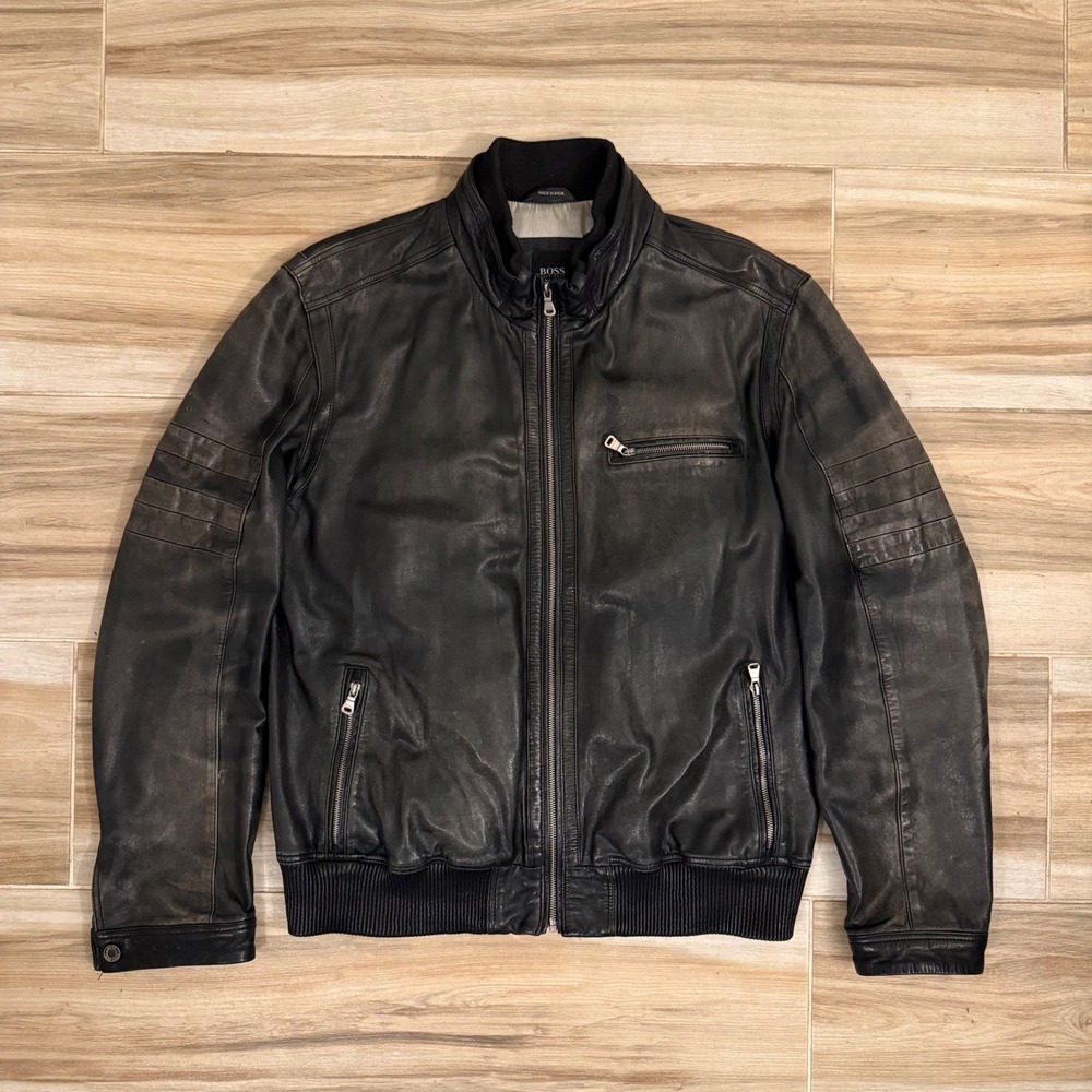 Hugo‎ Boss Black Lamb Leather Bomber Jacket Cafe Racer Moto Gillo 44R 54